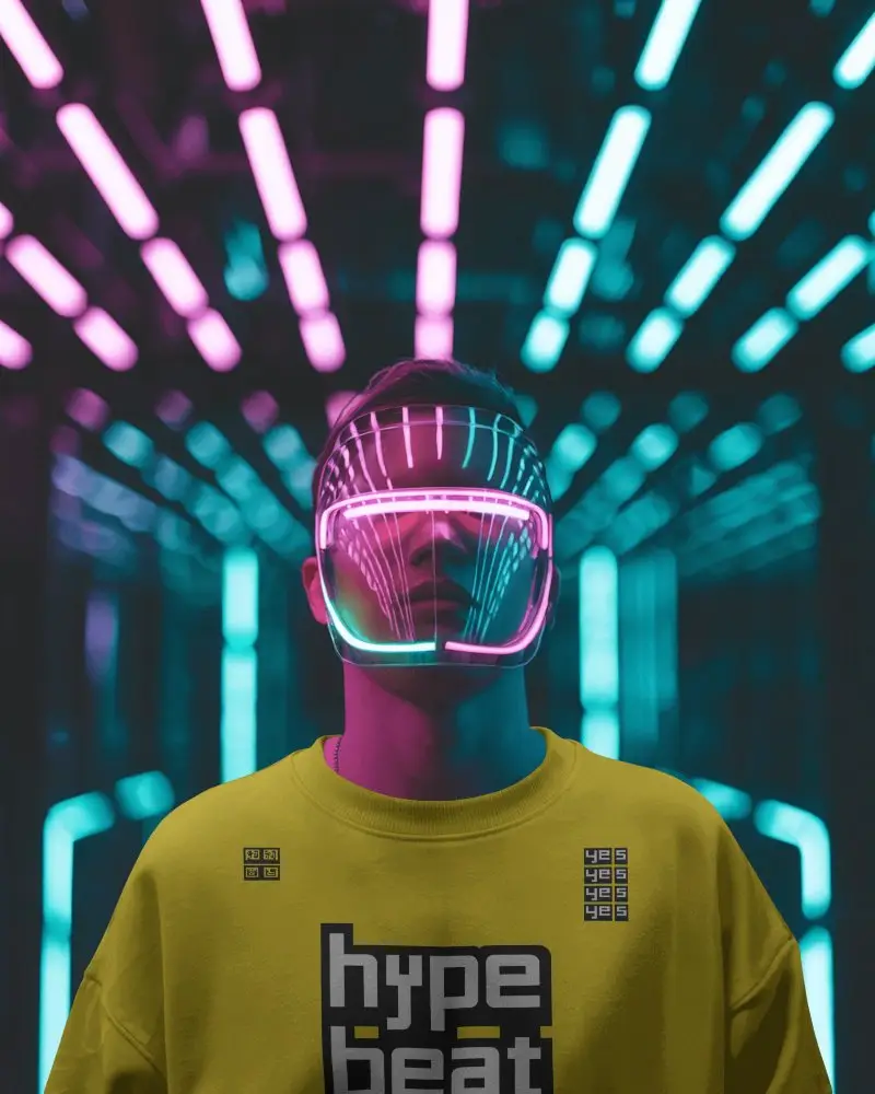 Futuristic Neon Sweatshirt Mockup Cyberpunk Helmet Glow In Pink And Teal Light Tunnel