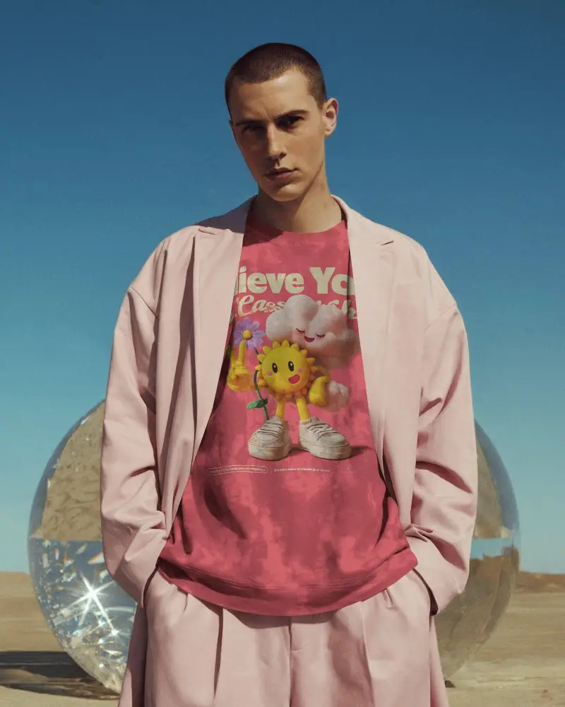 Modern Desert Sweatshirt Mockup Male Model In Pink Suit Minimal Fashion Look