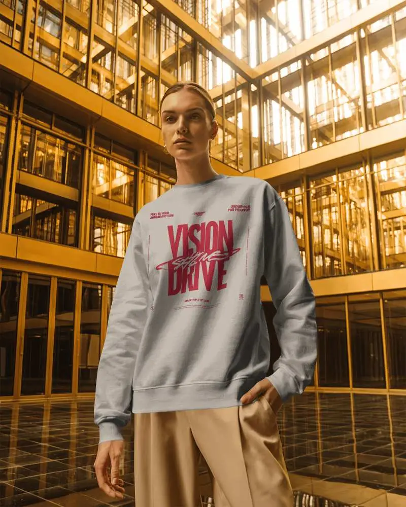 Modern Architecture Sweatshirt Mockup Female Model In Golden Building Light