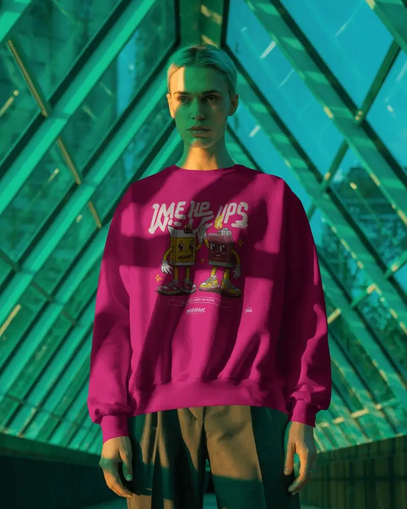 Geometric Glass Sweatshirt Mockup Model Under Green Structure Modern Fashion Look