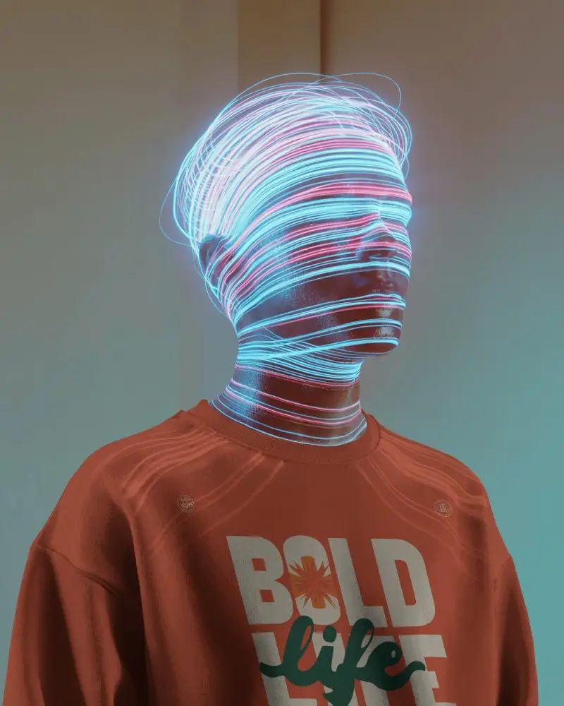 Futuristic Sweatshirt Mockup Glowing Light Trails Around Head Digital Fashion Scene