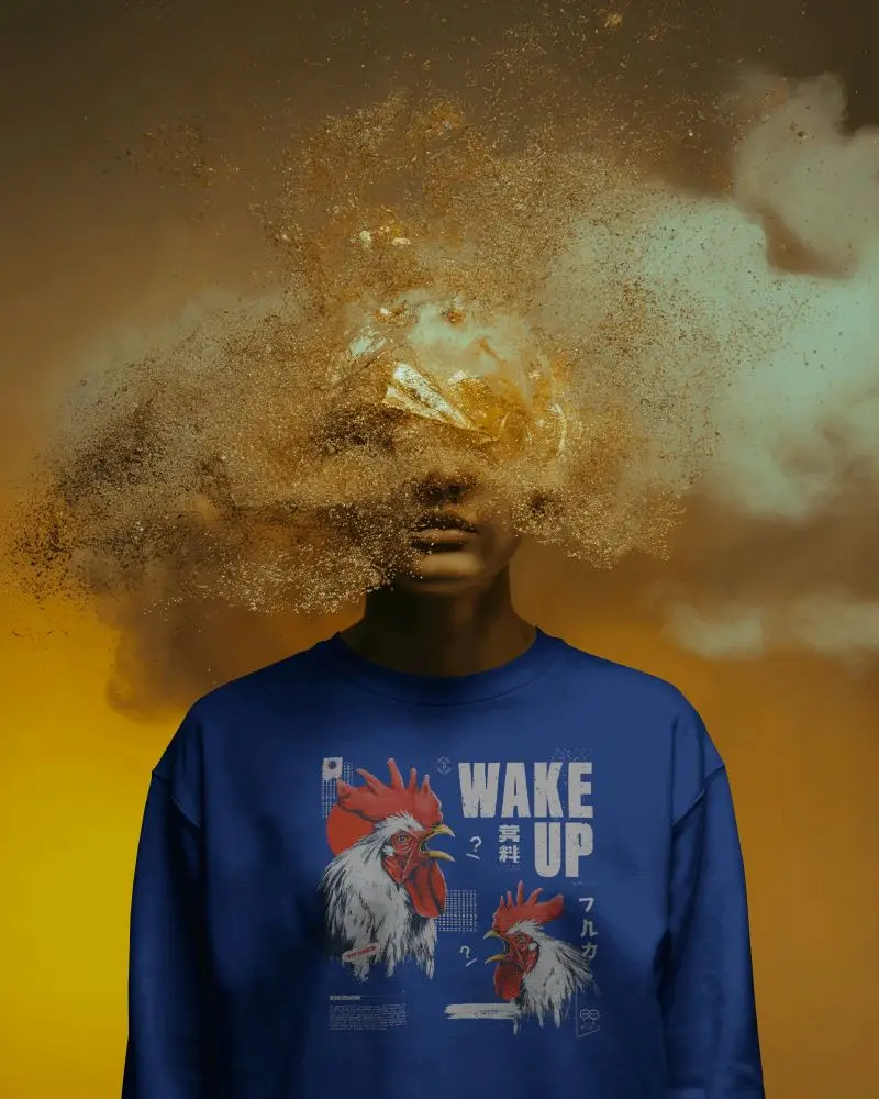 Surreal Golden Explosion Sweatshirt Mockup Minimal Studio Lighting Conceptual Visual Impact