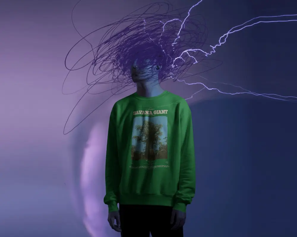 Electric Energy Sweatshirt Mockup Purple Lighting Digital Art Style Modern Vibe