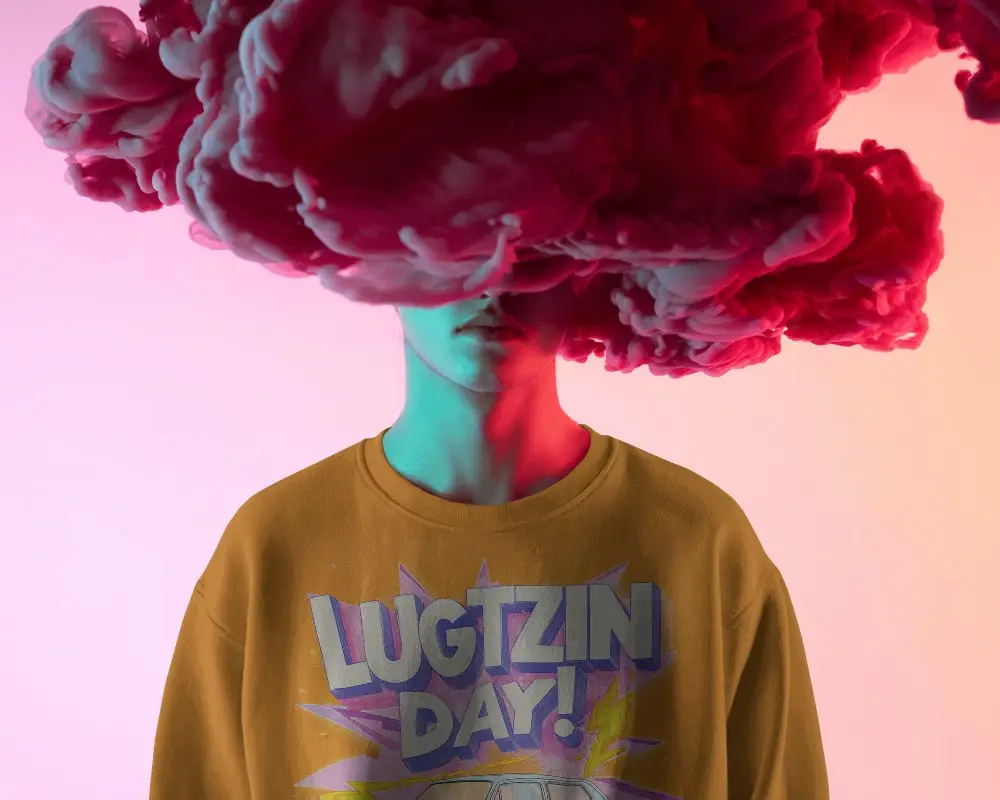 Vibrant Dark Pink Cloud Sweatshirt Mockup Gradient Background Surreal Modern Portrait