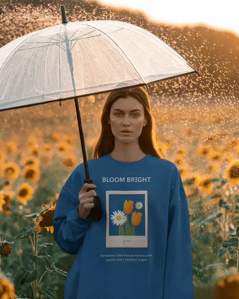 Sunflower Field Sweatshirt Mockup Female Model With Umbrella Sunset Glow Scene