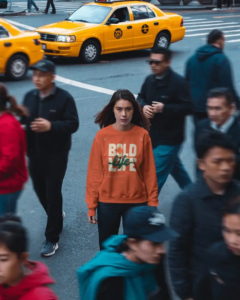 Urban Street Sweatshirt Mockup Woman In Crowd New York Taxi City Vibe Modern Look