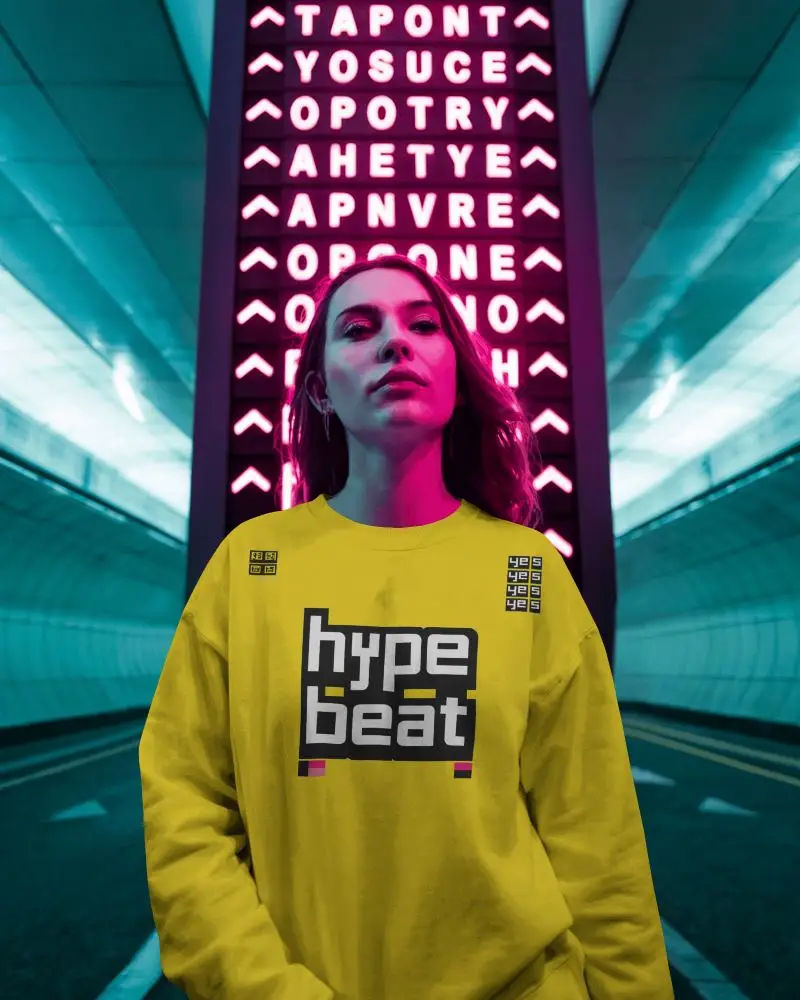 Cyberpunk Sweatshirt Mockup Glowing Signs Tunnel Background Modern Streetwear