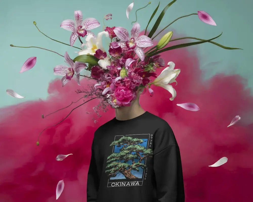 Floral Explosion Head Sweatshirt Mockup Surreal Artistic Pink Flowers Modern Concept