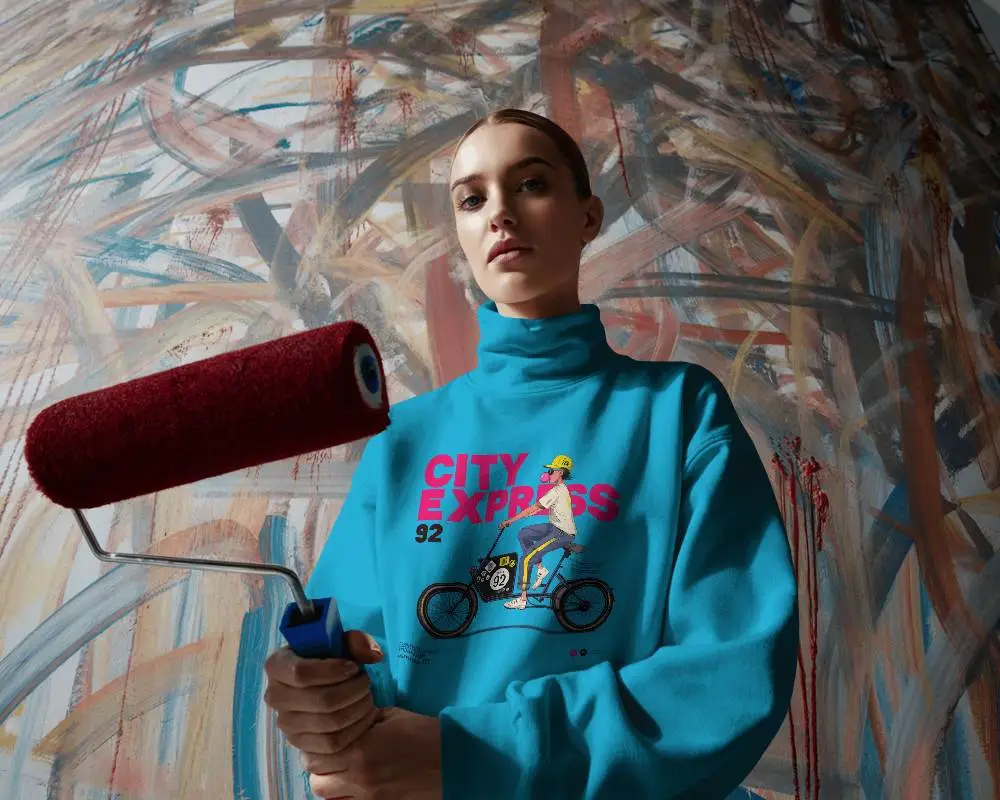 Artistic Sweatshirt Mockup Woman With Paint Roller Abstract Background Modern Look