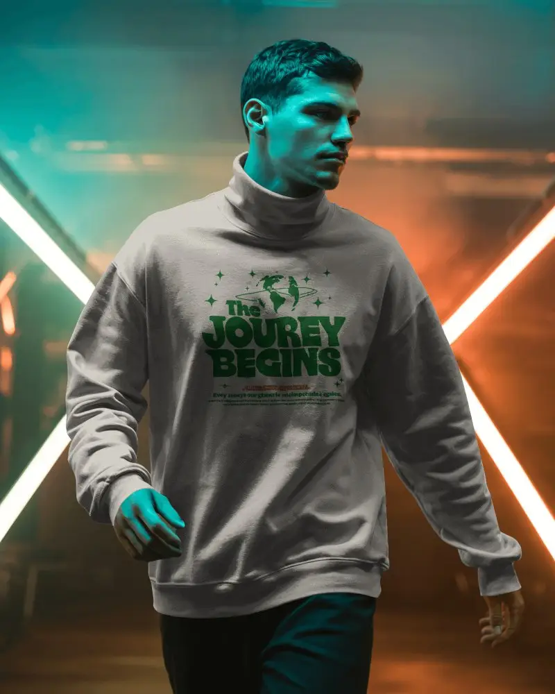 Sweatshirt Mockup Male Model Walking In Neon Lit Studio With Futuristic Cinematic Lighting
