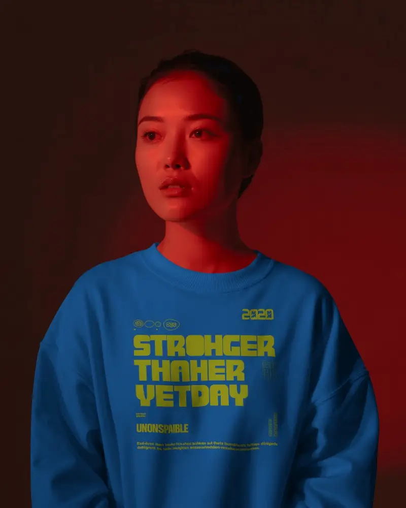 Sweatshirt Mockup Woman Portrait In Red Lit Studio With Moody Shadow And Minimal Fashion Style