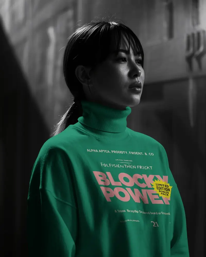 Turtleneck Sweatshirt Mockup Woman Profile In Black And White Urban Light With Minimal Mood