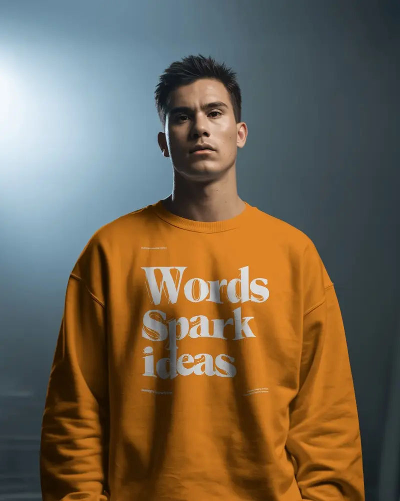 Sweatshirt Mockup Male Model Front View In Minimal Studio With Soft Cool Gradient Lighting