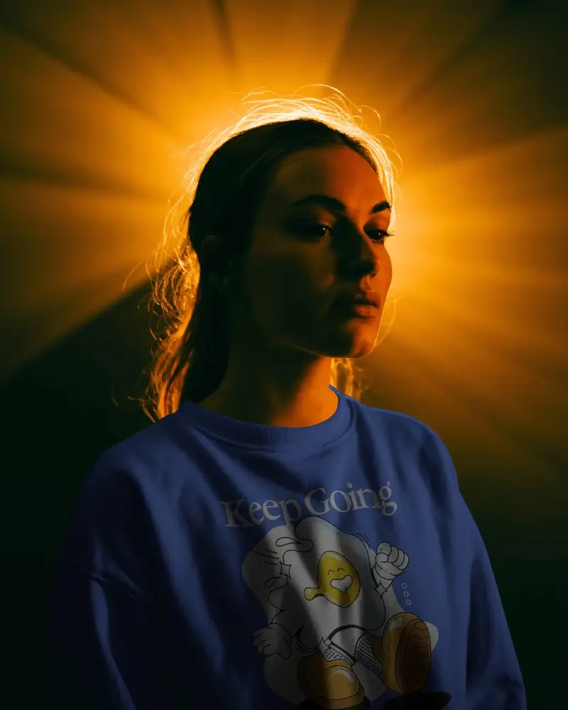 Sweatshirt Mockup Woman Portrait With Golden Halo Backlight And Dramatic Cinematic Mood