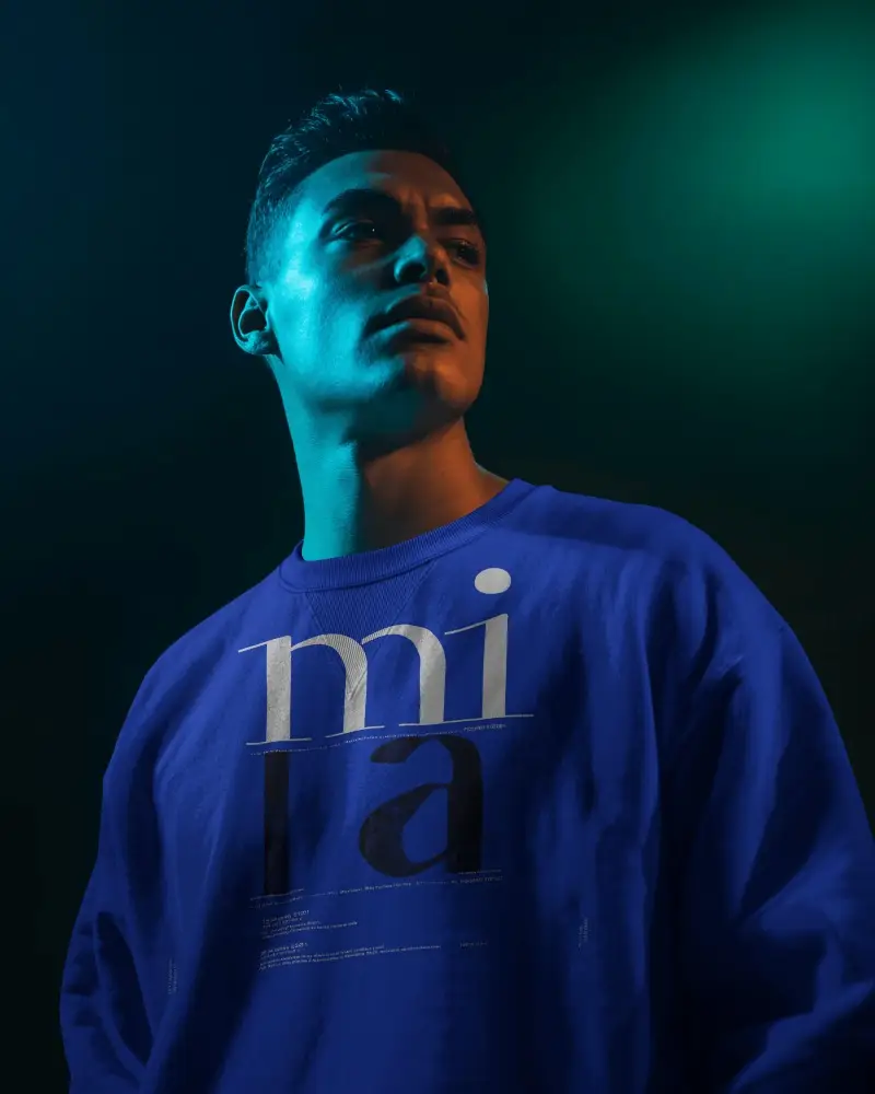 Sweatshirt Mockup Male Model Looking Up In Moody Teal Green Studio Light Cinematic Fashion Style