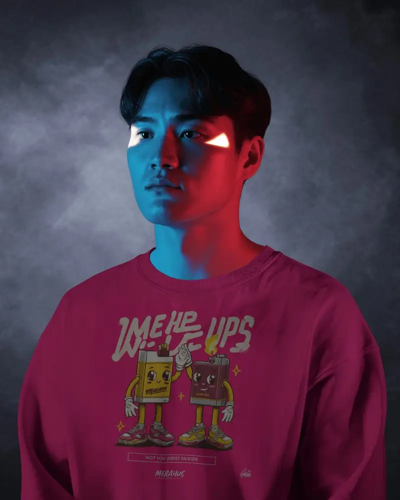 Sweatshirt Mockup Male Portrait With Dual Tone Red And Blue Lighting In Cinematic Studio Scene