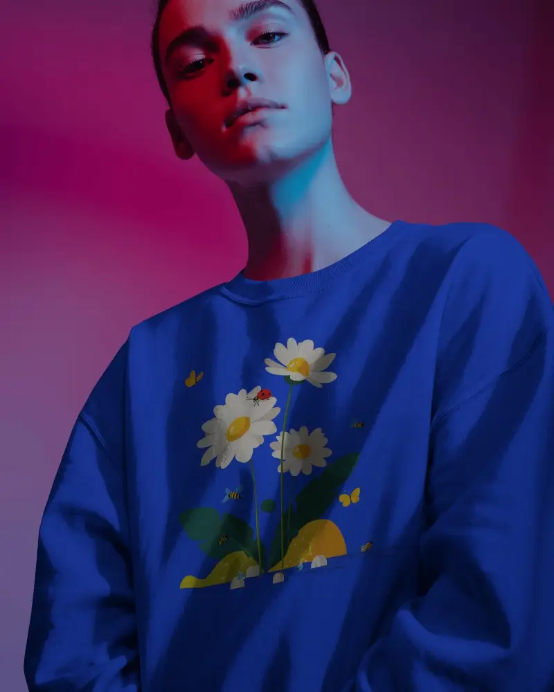 Sweatshirt Mockup Low Angle Female Portrait With Magenta And Blue Neon Light Editorial Style