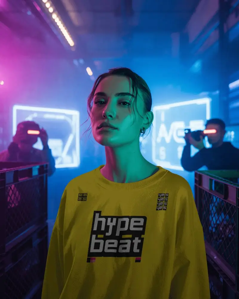 Sweatshirt Mockup Female Model In Neon Industrial Set With Cyberpunk Lighting And Futuristic Mood