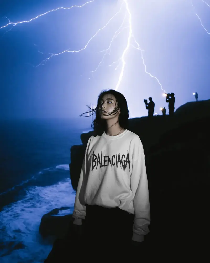 Windy Sea Sweatshirt Mockup With Female Model And Lightning Bolt Background