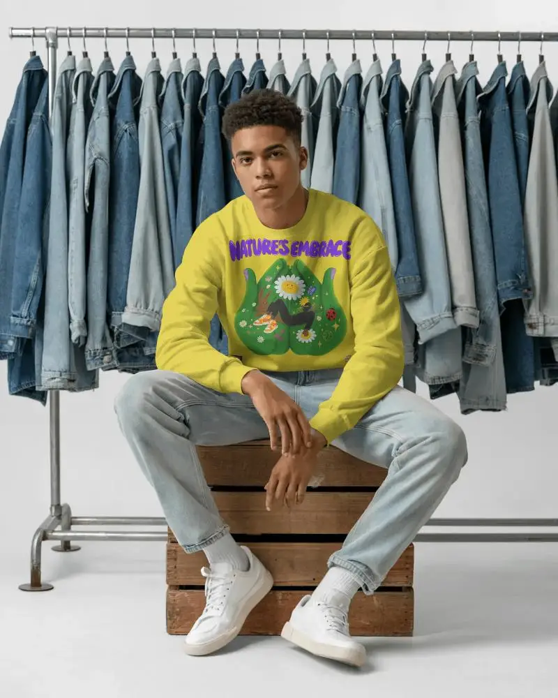 Casual Comfy Unisex Sweatshirt Mockup Model Sitting Front Denim Jackets On Rack Photography