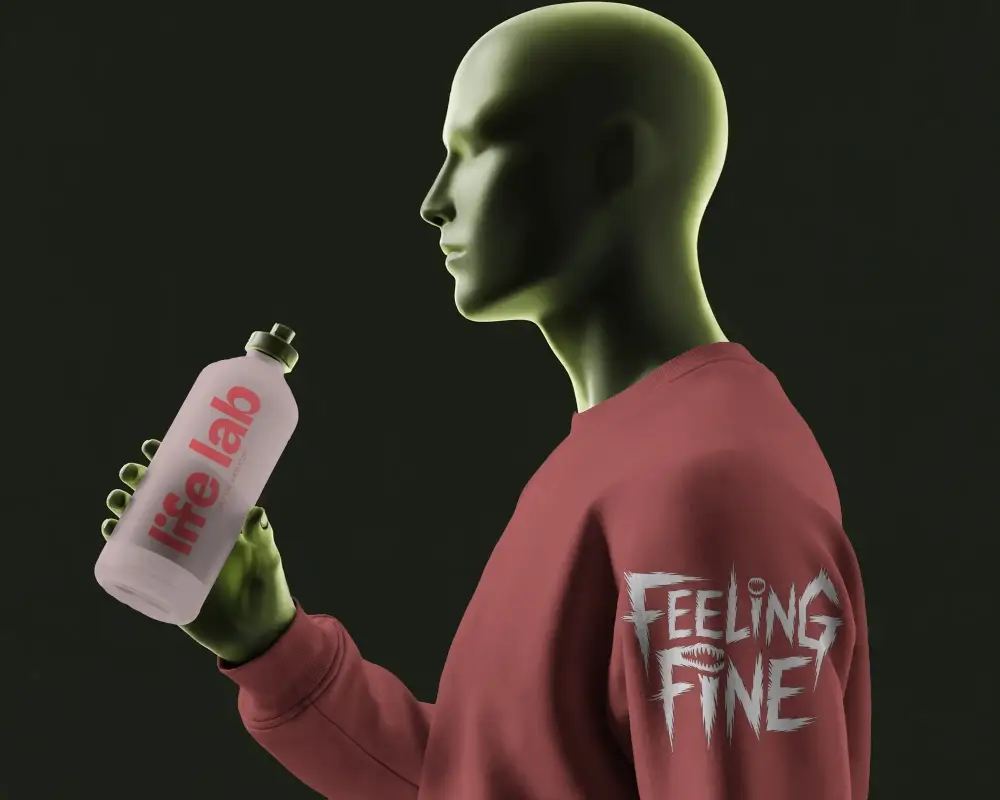 Realistic Sweatshirt Mockup Front View Mannequin With Water Bottle Accessory
