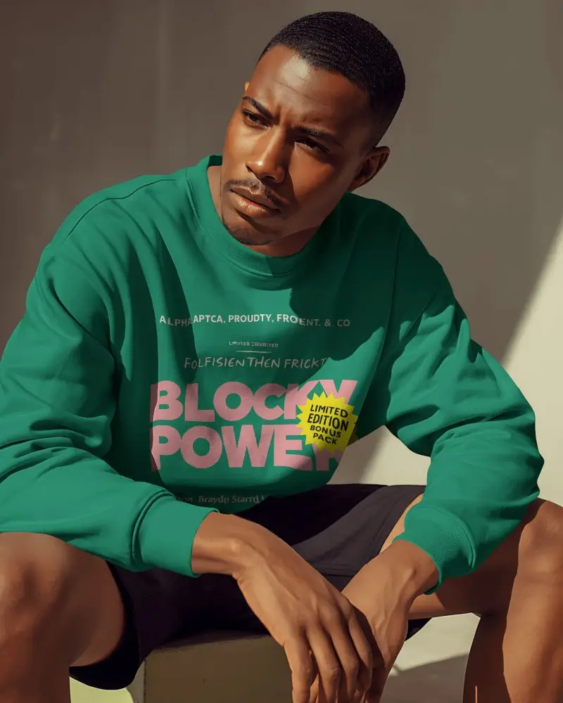Seated Sweatshirt Mockup Male Model Relaxed Pose Strong Sunlight And Soft Shadow