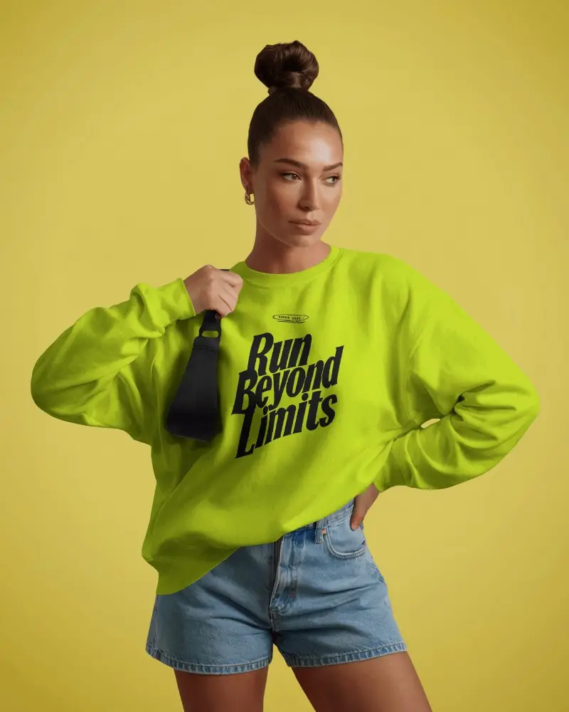 Lifestyle Sweatshirt Mockup Female Model Confident Pose On Bright Yellow Background