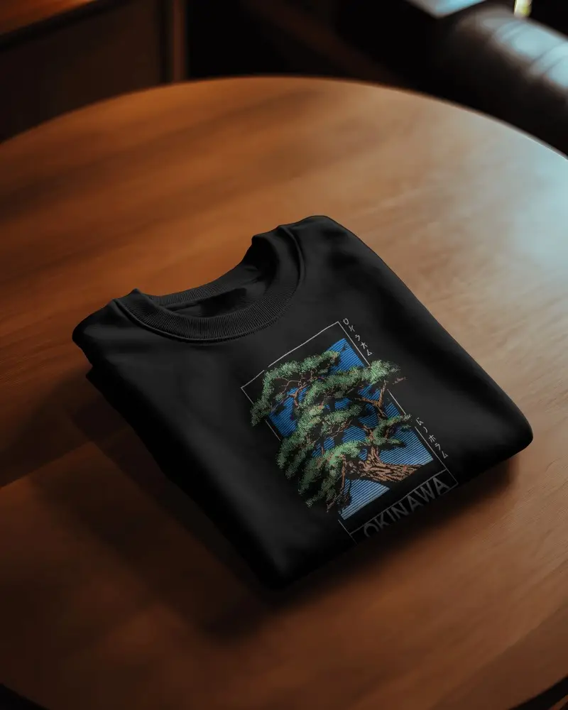 Folded Sweatshirt Mockup On Wooden Table With Warm Natural Light Indoor Setting