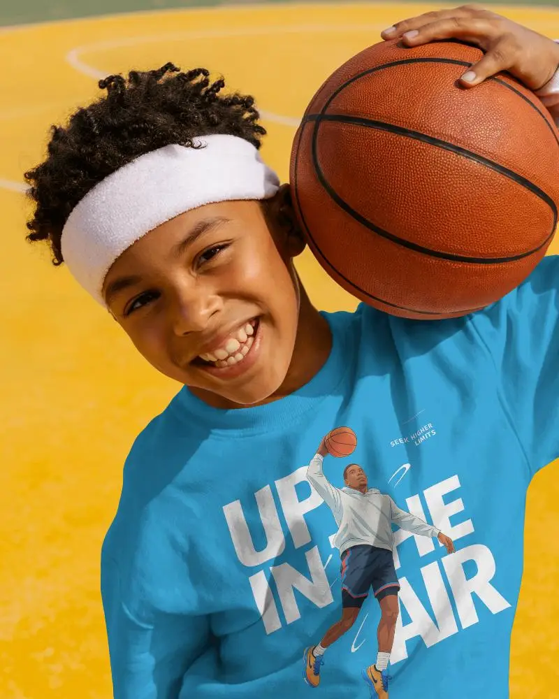 Kids Sweatshirt Mockup Smiling Child Holding Basketball Bright Outdoor Court Sunny Yellow Setting