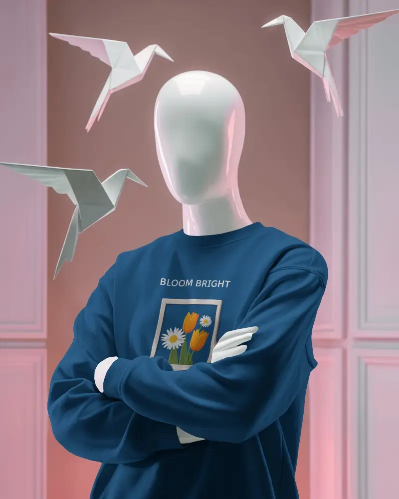 Conceptual Sweatshirt Mockup Mannequin Crossed Arms With Origami Birds Studio Scene