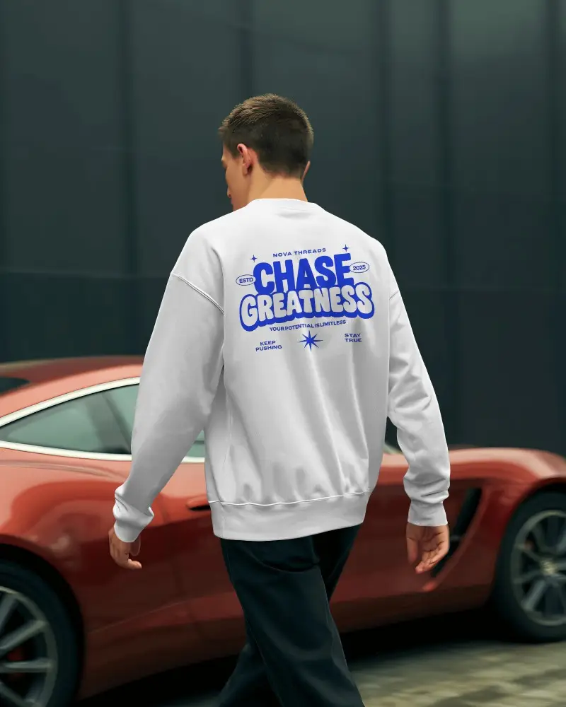 Urban Street Sweatshirt Mockup Back View Model Walking Past Sports Car Modern City Setting