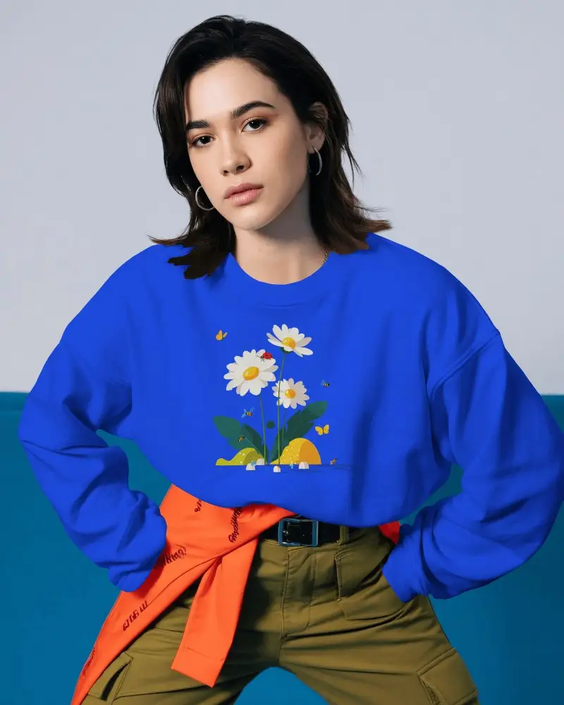 Studio Fashion Sweatshirt Mockup Female Model Standing Confident Pose Modern Minimal Background