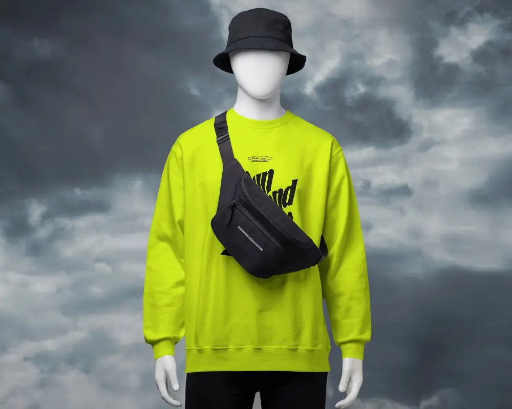 Streetwear Mannequin Sweatshirt Mockup Front View With Crossbody Bag And Bucket Hat Cloud Background