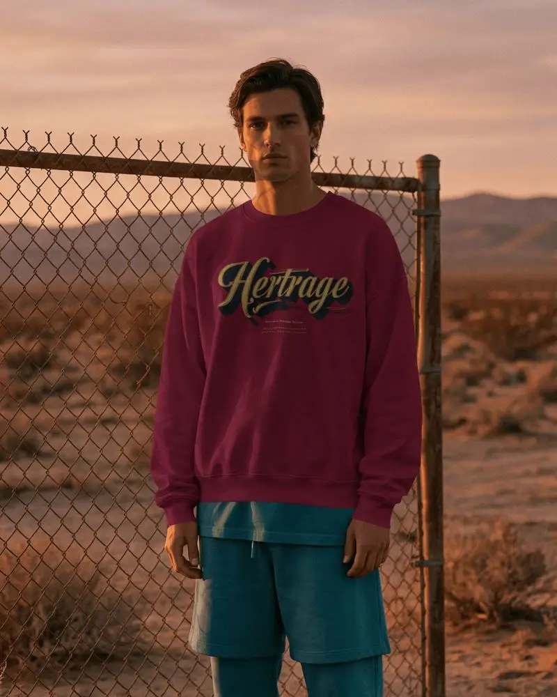 Desert Sunset Sweatshirt Mockup Male Model Standing By Chainlink Fence Warm Evening Light