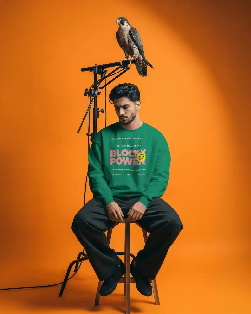 Studio Creative Sweatshirt Mockup Male Model Sitting On Stool With Falcon Orange Background