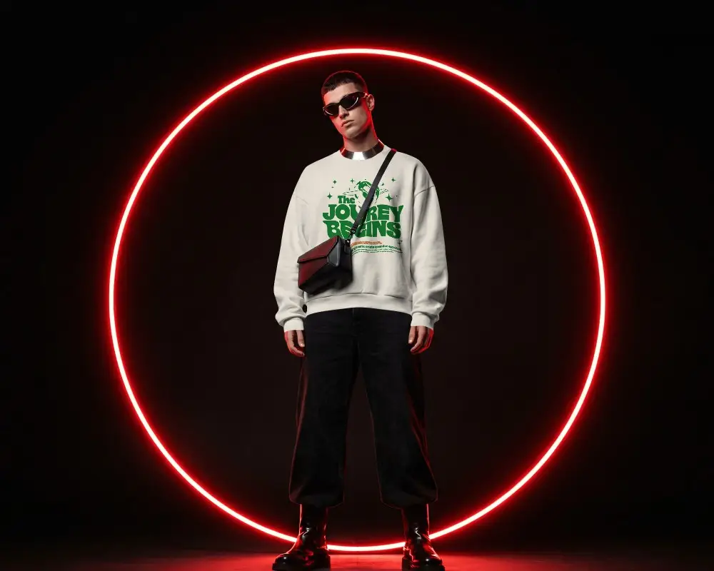 Neon Circle Studio Sweatshirt Mockup Male Model Standing Modern Fashion Editorial Lighting
