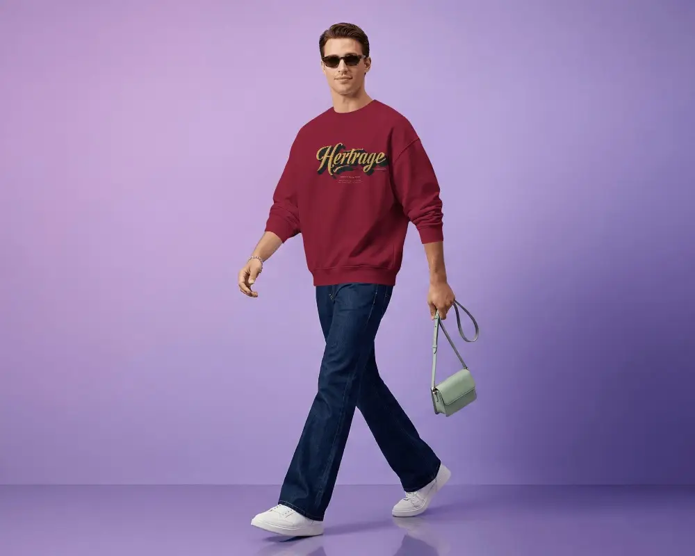 Walking Male Model Sweatshirt Mockup Modern Fashion Studio With Soft Purple Background