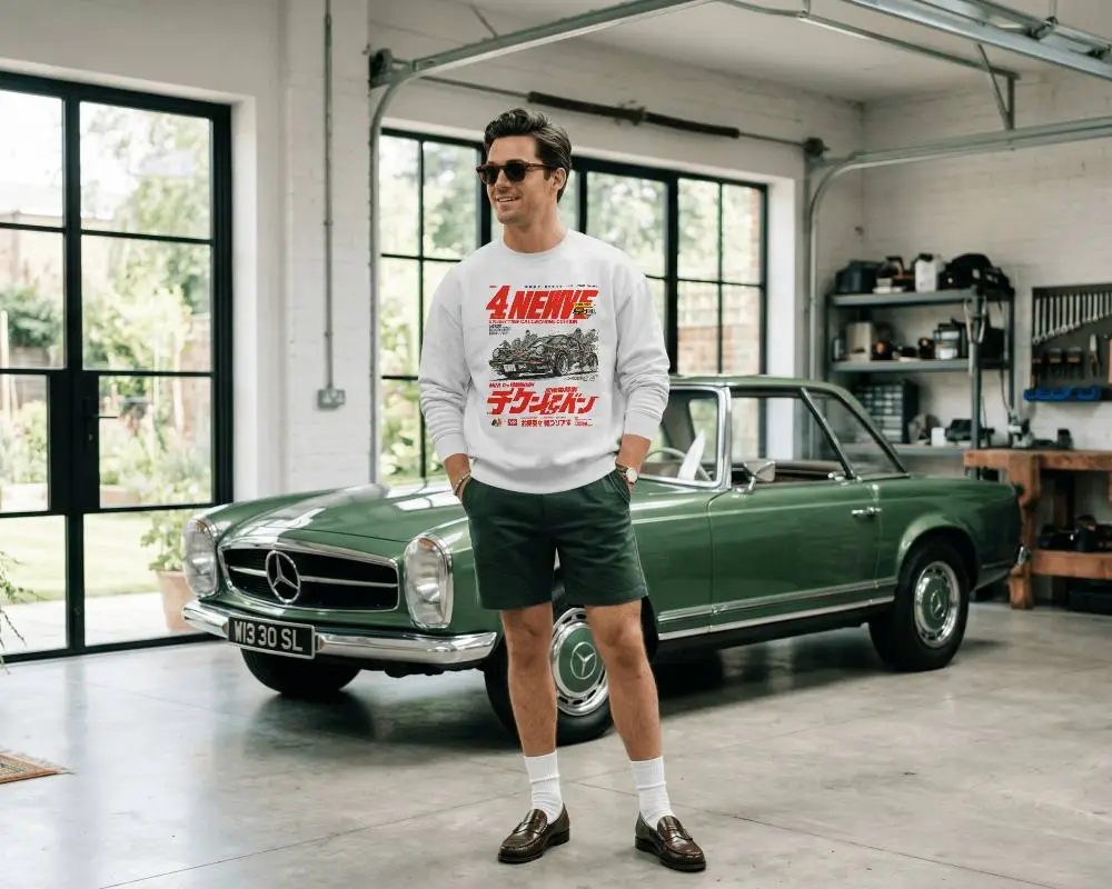 Garage Lifestyle Sweatshirt Mockup Male Model Standing Near Classic Car Industrial Studio Scene