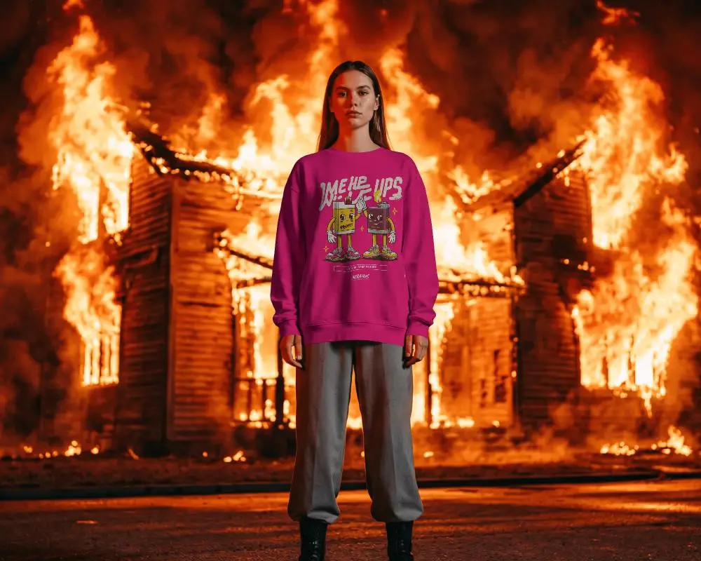 Dramatic Fire Background Sweatshirt Mockup Female Model Standing In Front Of Burning House Scene