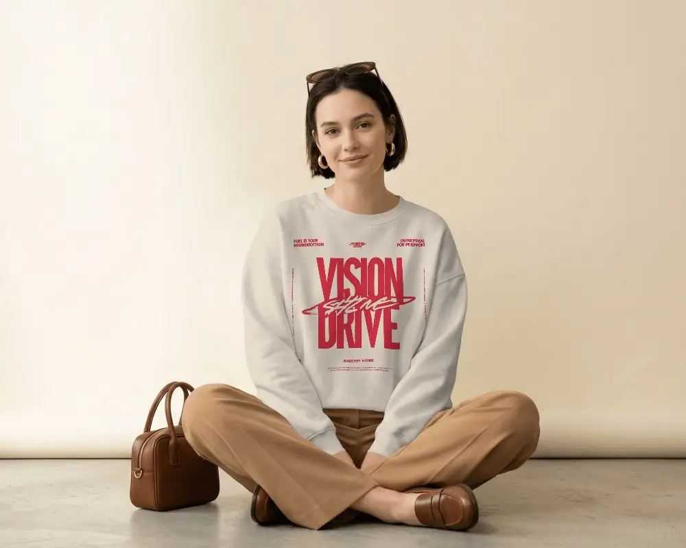 Relaxed Female Model Sitting Sweatshirt Mockup Minimal Beige Studio Fashion Lifestyle Scene