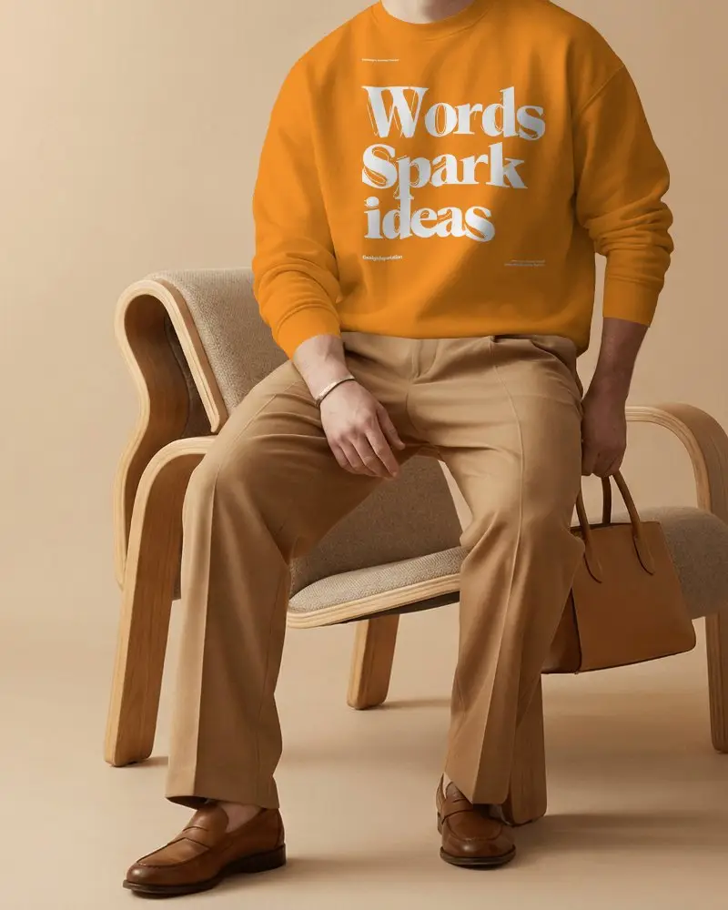 Seated Male Model Sweatshirt Mockup On Modern Chair Minimal Fashion Studio Scene
