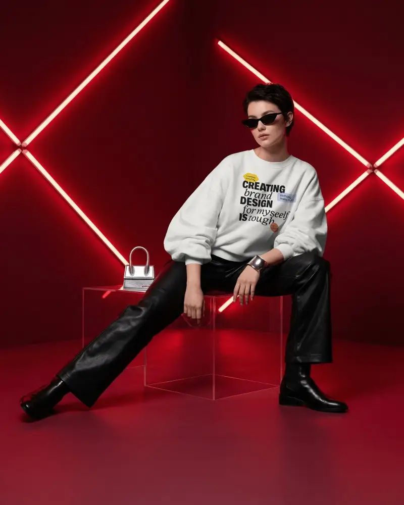 Neon Studio Sweatshirt Mockup Female Model Sitting On Clear Cube Red Light Fashion Scene