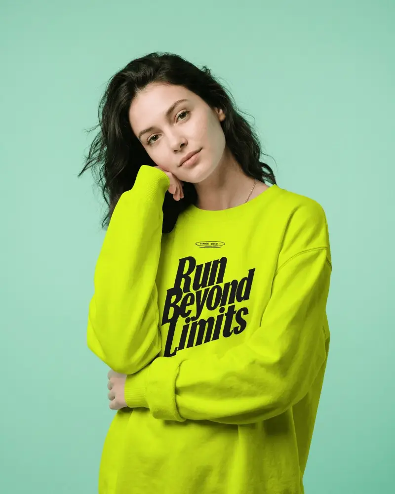 Closeup Female Model Sweatshirt Mockup Soft Portrait Style Minimal Green Background