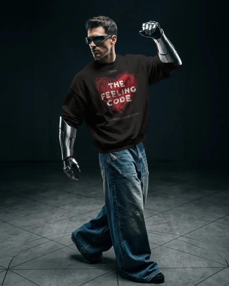 Futuristic Cyborg Style Sweatshirt Mockup Male Model With Metal Arms Dark Studio Scene