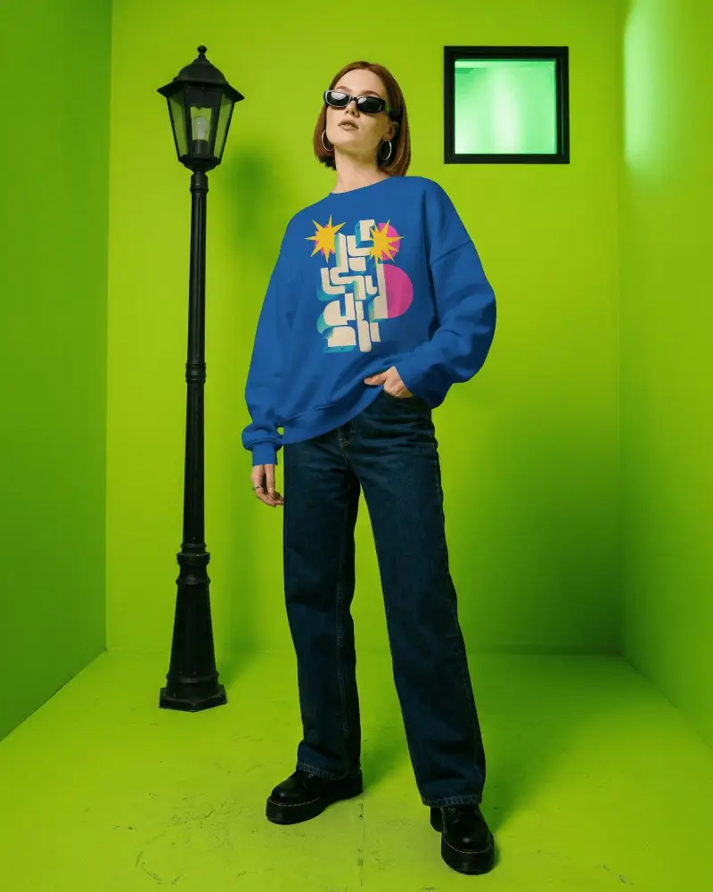 Neon Green Studio Sweatshirt Mockup Female Model Standing With Street Lamp Editorial Scene