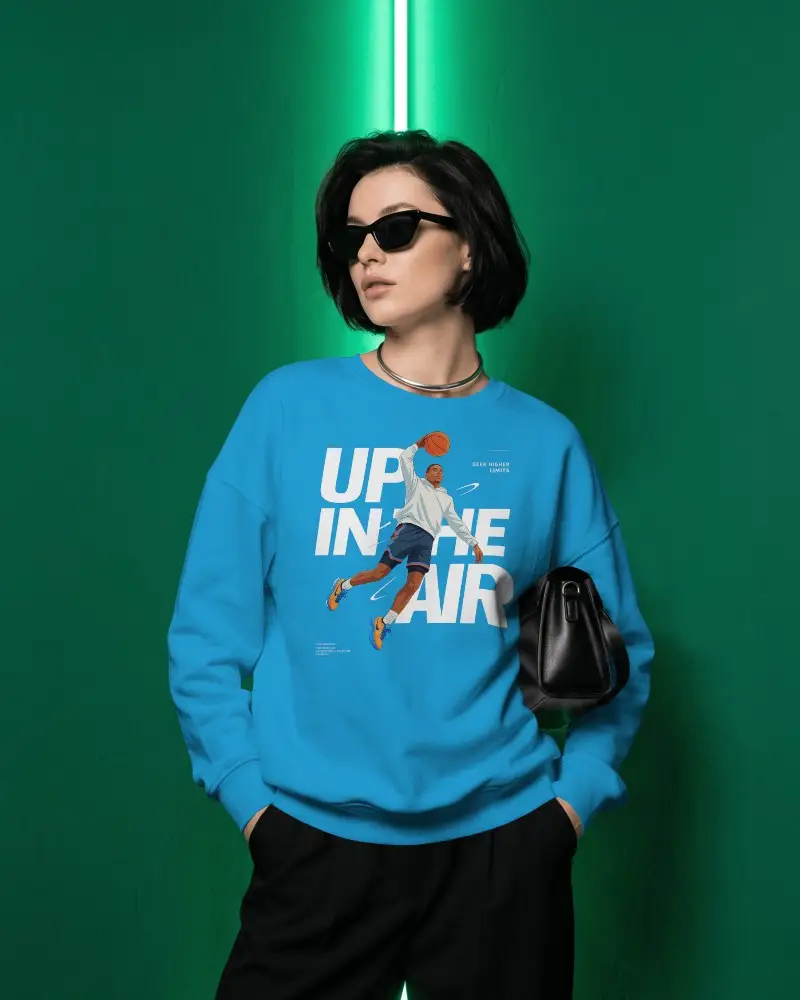 Green Wall Sweatshirt Mockup Female Model Standing With Sunglasses Fashion Editorial Scene