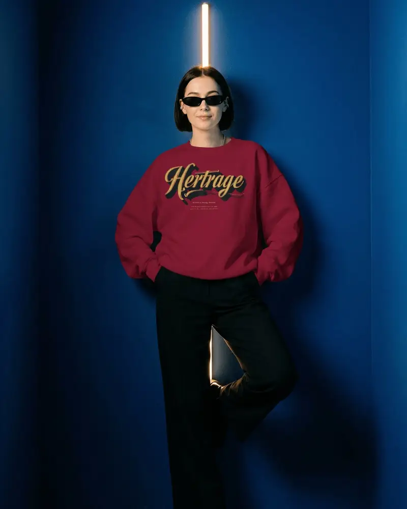 Blue Studio Sweatshirt Mockup Female Model Standing With Vertical Light Modern Fashion Scene