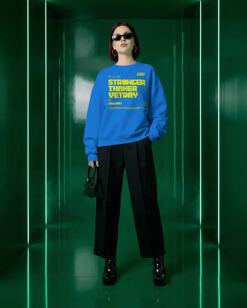 Futuristic Green Corridor Sweatshirt Mockup Female Model Standing Modern Fashion Editorial