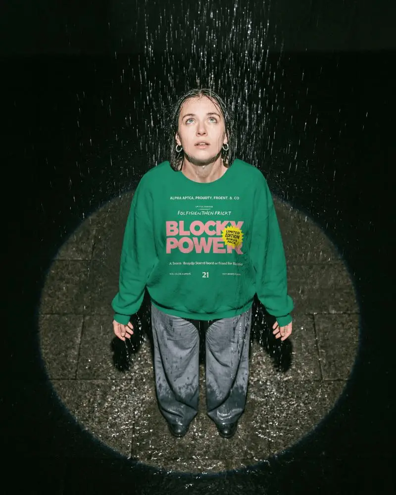 Rain Effect Sweatshirt Mockup Female Model Standing Under Water Stream Dark Cinematic Scene