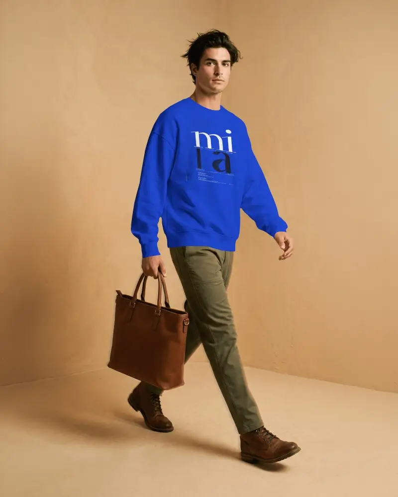 Walking Male Model Sweatshirt Mockup Carrying Bag Minimal Beige Studio Fashion Scene